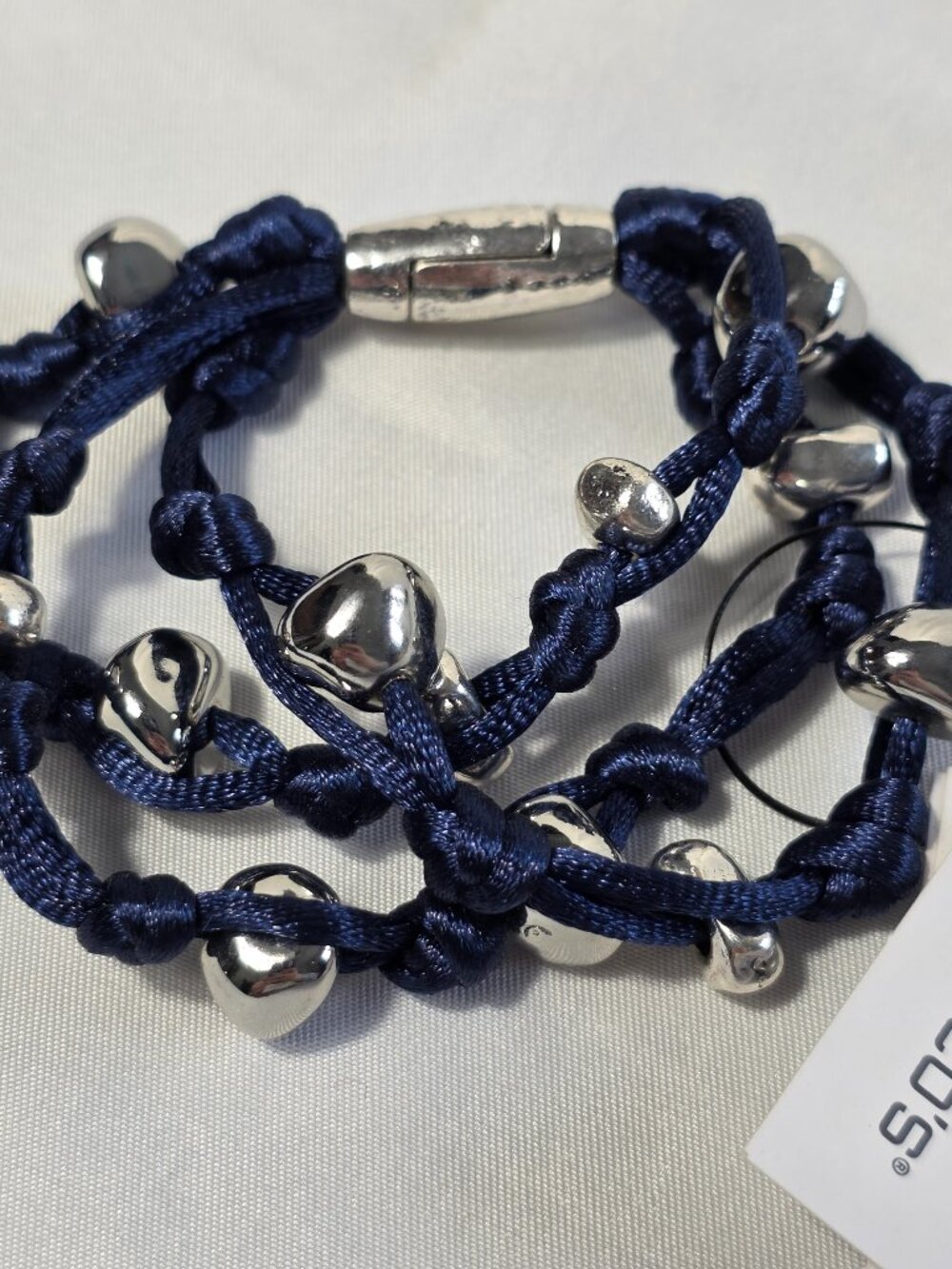 Chico's Blue Silk Cord Multi-Strand Knotted Bracelet Silver Pebble Beads NEW